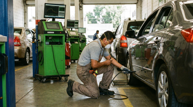 técnico automotriz realizando la prueba de emisiones con sonda en el tubo de escape dentro de un verificentro oficial