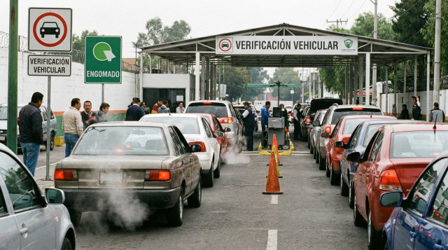 fila de automoviles esperando turno frente a la linea de inspeccion tecnica de emisiones en un verificentro oficial con señalamientos de engomado de verificacion vehicular