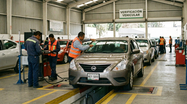 vehículo en la línea de inspección de un centro de verificación vehicular con técnicos revisando emisiones y engomado