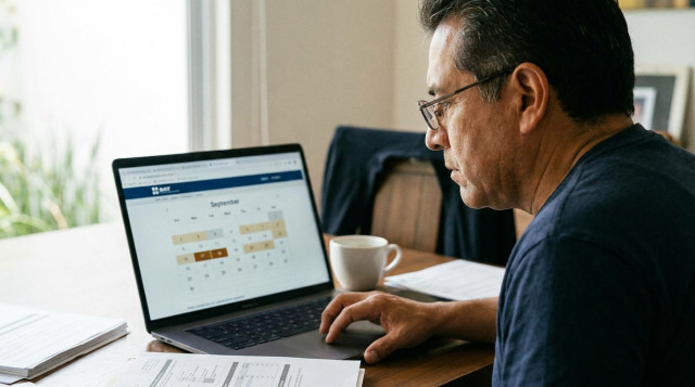 contribuyente revisando en una computadora el portal del calendario fiscal del SAT para enviar declaraciones