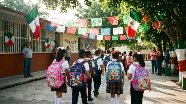 Estudiantes de primaria caminando con mochilas hacia un salón de clases en una escuela pública mexicana decorada con motivos patrios