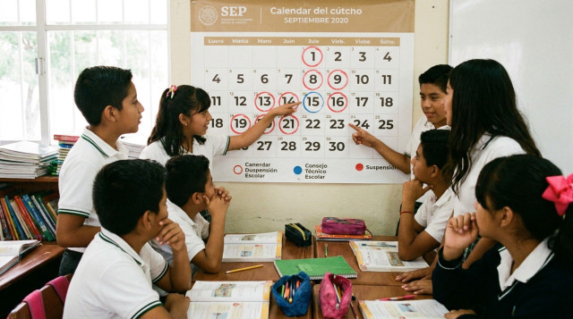 Estudiantes en un salón de clases revisando el calendario escolar SEP con fechas marcadas de suspensión
