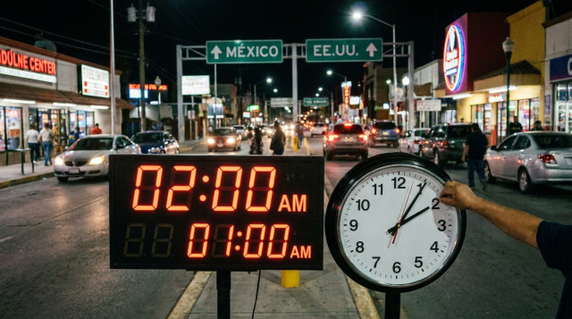 reloj digital y analógico marcando las dos de la mañana durante el cambio de hora en la frontera norte de México
