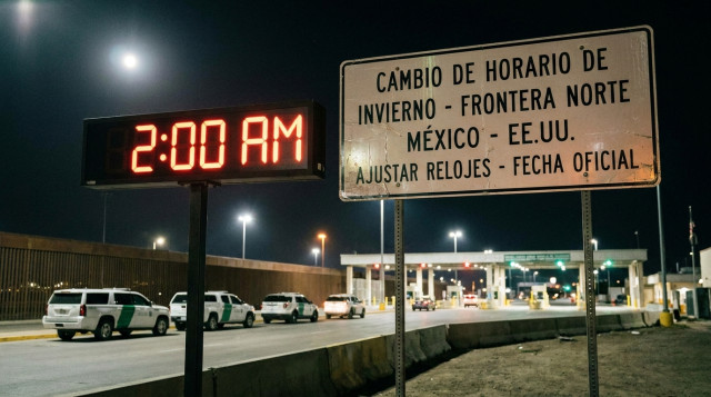 reloj digital marcando las dos de la mañana junto a un letrero fronterizo entre México y Estados Unidos sobre el cambio de horario de invierno