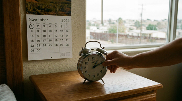 reloj despertador de manecillas marcando el cambio de horario en la frontera norte junto a un calendario