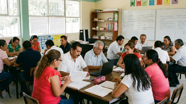 Docentes reunidos en aula escolar trabajando en planeación pedagógica durante el Consejo Técnico Escolar