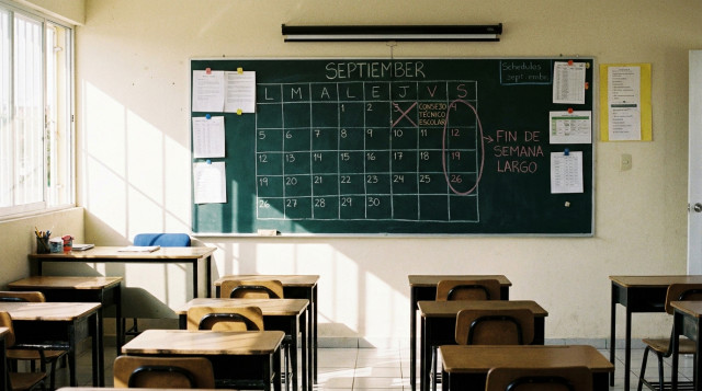 Aula escolar de educación básica vacía con calendario de actividades docentes en el pizarrón alusivo al Consejo Técnico Escolar