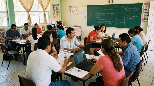 Docentes reunidos en aula escolar revisando material pedagógico del Consejo Técnico Escolar de la SEP