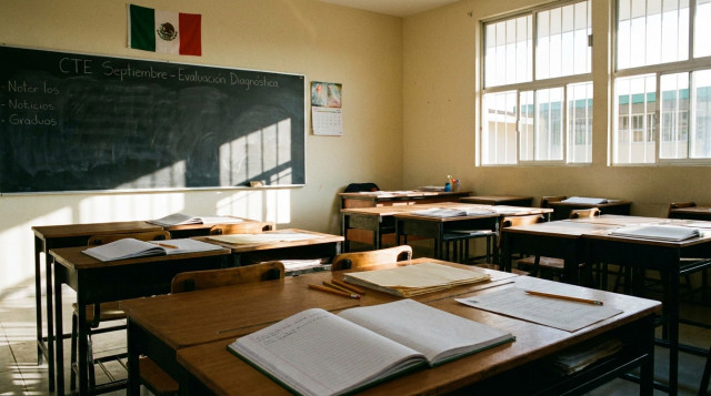 Salón de clases vacío con cuadernos sobre los pupitres durante la sesión del Consejo Técnico Escolar de septiembre en una escuela pública de México