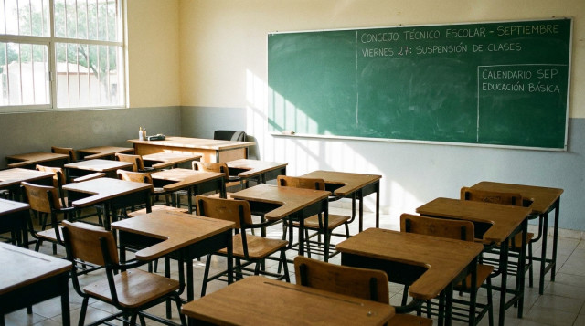 Aula escolar de educación básica vacía con bancas ordenadas y pizarra con anotaciones del Consejo Técnico Escolar SEP