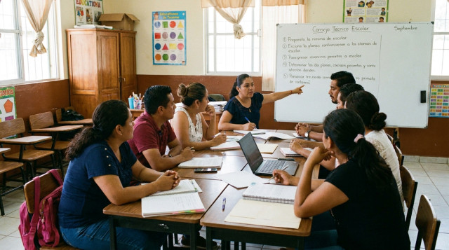 Docentes reunidos en un aula de escuela primaria analizando planes escolares durante el Consejo Técnico Escolar de septiembre
