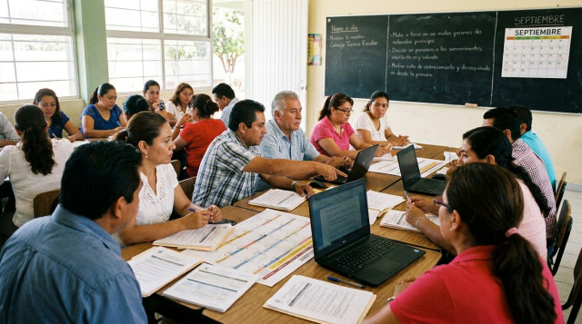 Docentes reunidos en un aula de primaria analizando planes de estudio durante el Consejo Técnico Escolar de septiembre