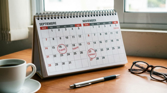 calendario de escritorio con hojas marcadas en septiembre y noviembre destacando dias feriados y puentes laborales en Mexico