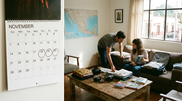 Viajeros preparando maletas y consultando un mapa y calendario de noviembre para planificar su viaje de fin de semana largo en México
