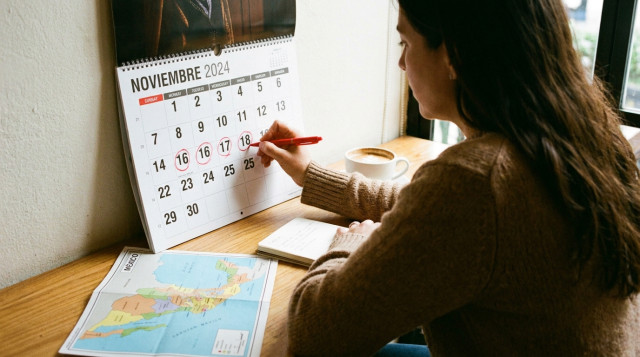 Persona revisando un calendario impreso y marcando en rojo las fechas de noviembre para planear el proximo puente oficial en Mexico