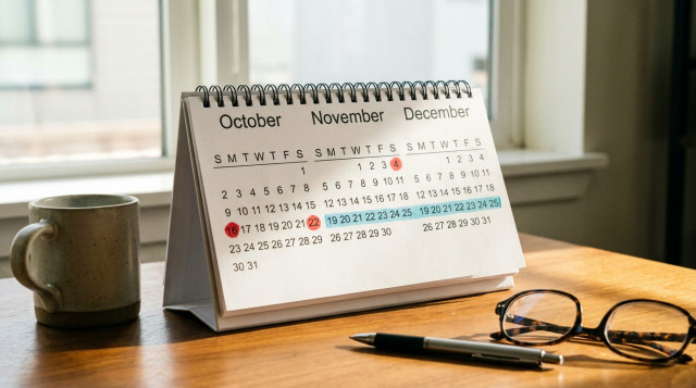 calendario de escritorio abierto en los meses de otoño con marcadores en días festivos y puente oficial en México