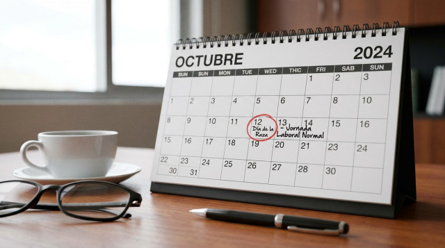 Calendario de escritorio abierto en el mes de octubre con el día 12 marcado y notas sobre la jornada laboral regular