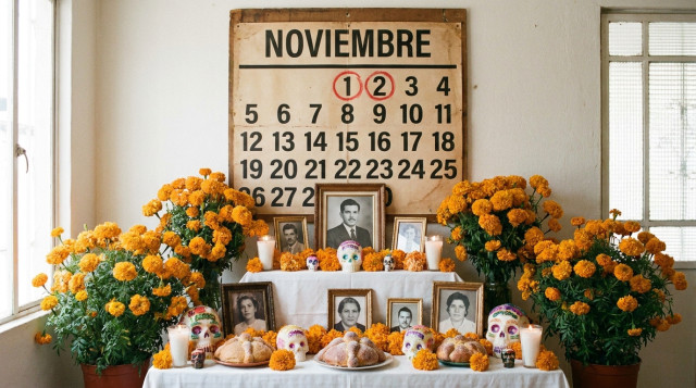 Altar tradicional de Día de Muertos con cempasúchil y calendario de fondo que resalta el mes de noviembre