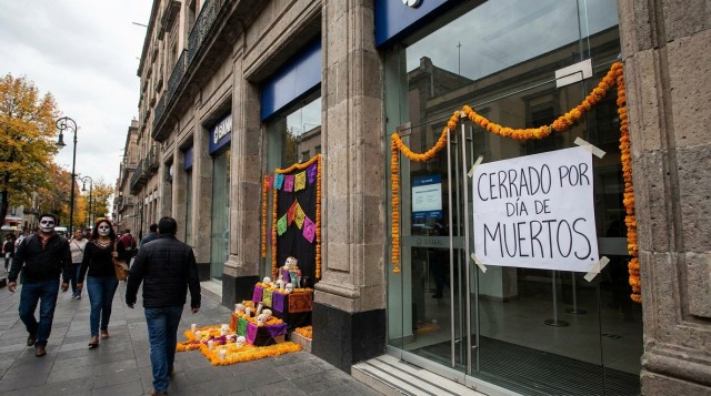 Fachada de una sucursal bancaria en México con letrero de cerrado durante el Día de Muertos en el calendario bancario