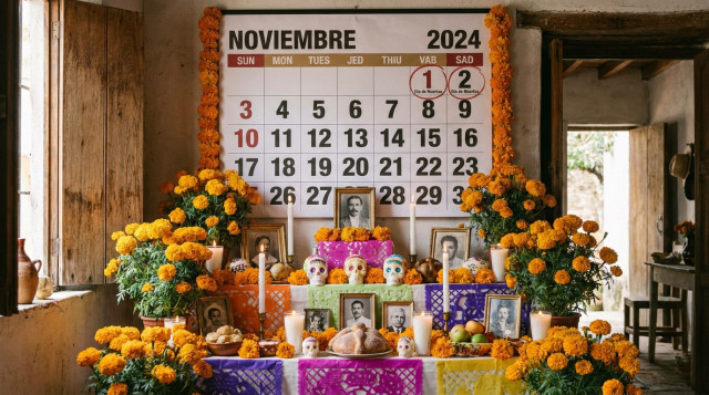 altar tradicional de Día de Muertos con flores de cempasúchil y calendario oficial con las fechas de noviembre