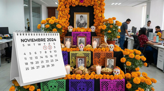 altar tradicional con flores de cempasúchil y calaveritas junto a un calendario de escritorio