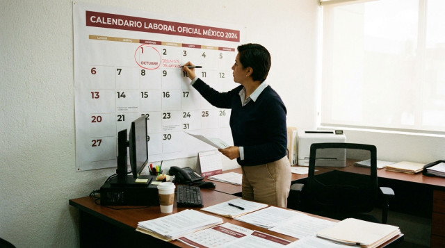 persona revisando un calendario laboral oficial en una oficina con fechas marcadas en color rojo y documentos laborales sobre el escritorio