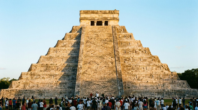 Pirámide de Kukulcán en Chichén Itzá iluminada por el sol durante el equinoccio de otoño en México