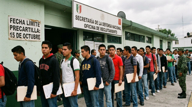 Fila de jóvenes entregando documentos oficiales en la oficina de reclutamiento militar para la cartilla nacional
