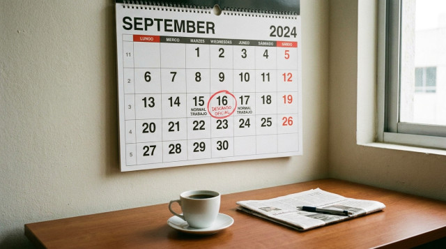 Calendario de septiembre mostrando el día 16 marcado como descanso oficial en miércoles sin puente
