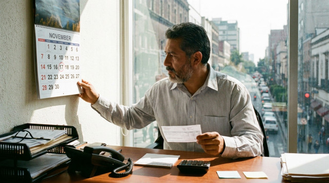 Trabajador mexicano revisando un calendario laboral y un talón de nómina en una oficina iluminada