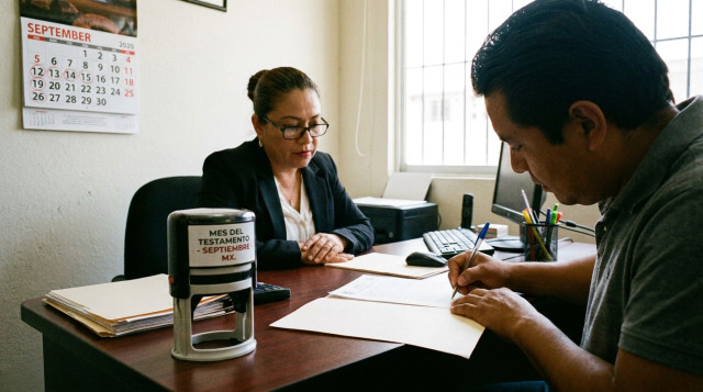 persona firmando un documento ante un notario público con el sello oficial del mes del testamento sobre el escritorio