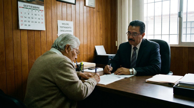 persona firmando un documento legal ante notario publico en el mes del testamento