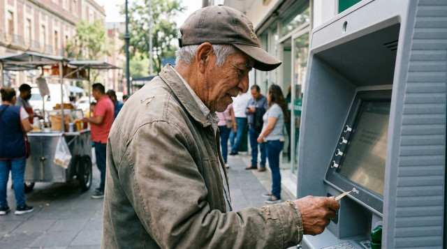 Adulto mayor consultando el saldo de su tarjeta del Banco del Bienestar frente a un cajero automático