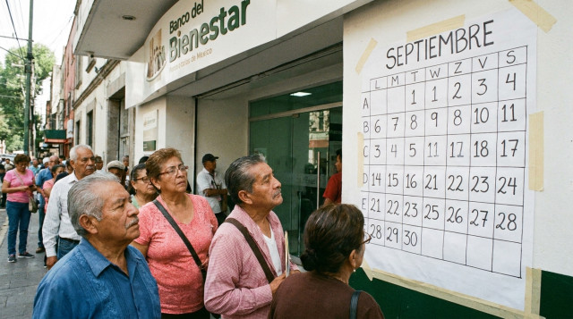 Adultos mayores formados de manera ordenada en una sucursal del Banco del Bienestar consultando el calendario de pagos de septiembre