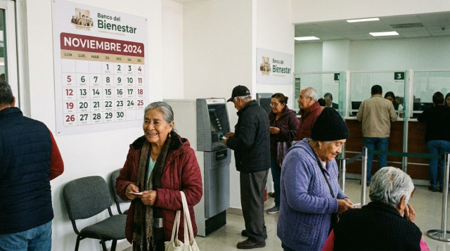 personas de la tercera edad consultando el saldo de su tarjeta en una sucursal del Banco del Bienestar con el calendario de pagos de noviembre