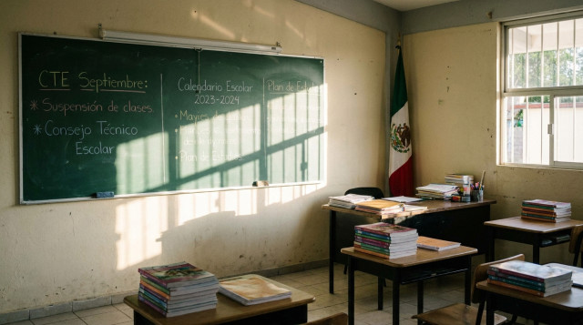 Aula escolar vacía en México con libros y pizarron durante la sesión de Consejo Técnico Escolar en septiembre