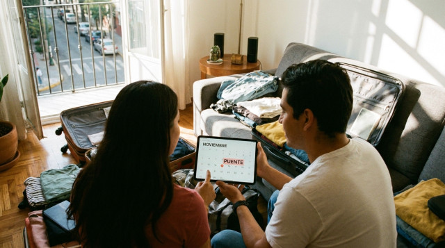 Personas consultando una agenda digital de fechas festivas y equipaje para viajar durante el fin de semana largo de noviembre