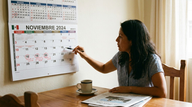 Persona revisando un calendario de pared con marcas en las fechas de los puentes oficiales y descansos obligatorios en México