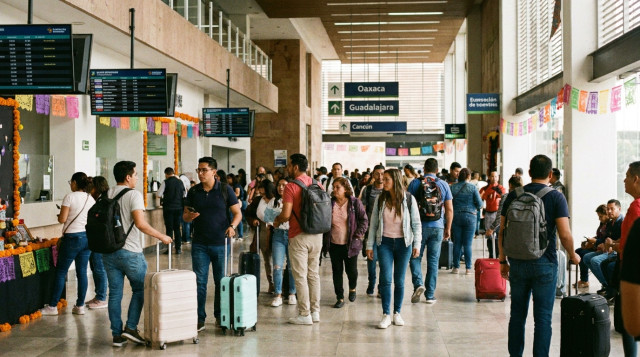 Personas caminando con equipaje ligero en una terminal de autobuses o aeropuerto durante el puente de noviembre en México