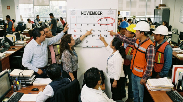 trabajadores de oficina y personal operativo revisando un calendario mural con el puente oficial de noviembre marcado en rojo