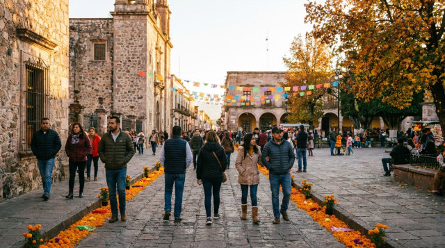 turistas caminando por un pueblo magico colonial mexicano durante los puentes y fines de semana largos del otono
