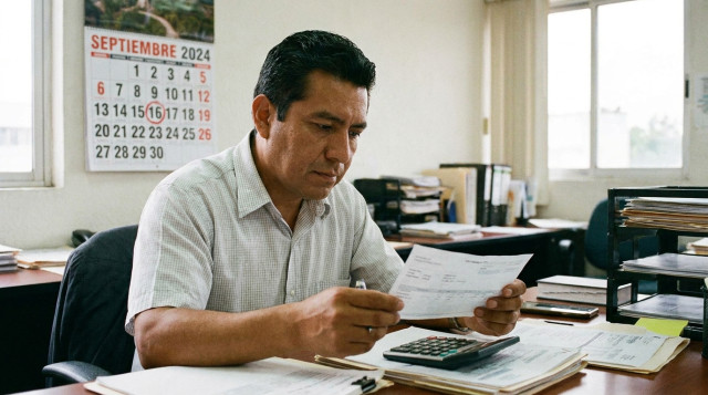 trabajador de oficina revisando recibo de nómina con calculadora y calendario del 16 de septiembre