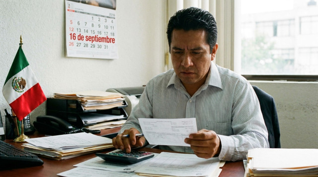 empleado revisando recibo de nómina con calculadora y calendario marcando el día de descanso obligatorio del 16 de septiembre