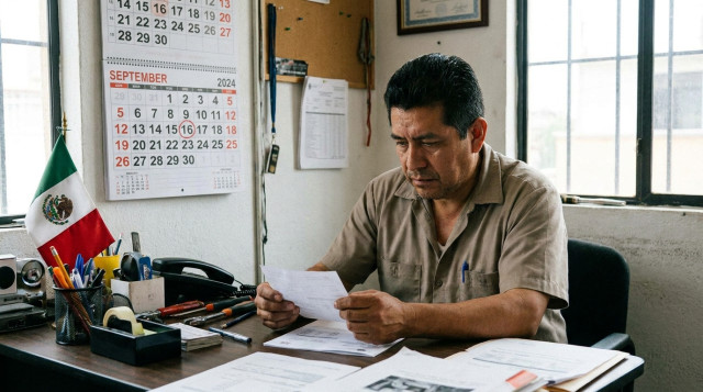 Trabajador mexicano revisando su recibo de nómina laboral con el calendario de septiembre