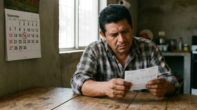 Trabajador mexicano revisando su recibo de nómina junto a un calendario marcado en el 16 de septiembre